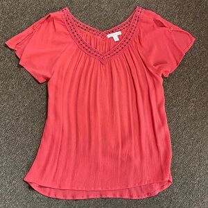Westport 1962 Coral Blouse with Crochet Detail